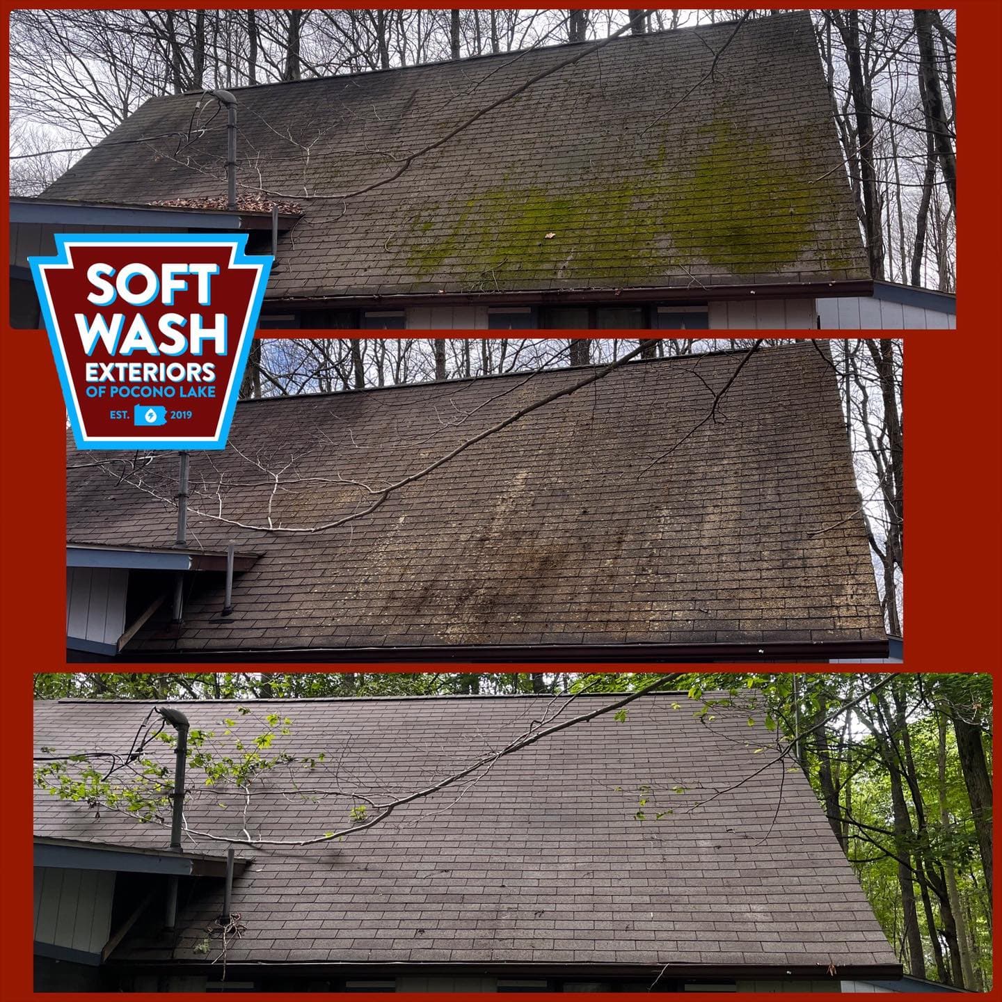 Deck soft wash — gray weathered wood restored to natural tone