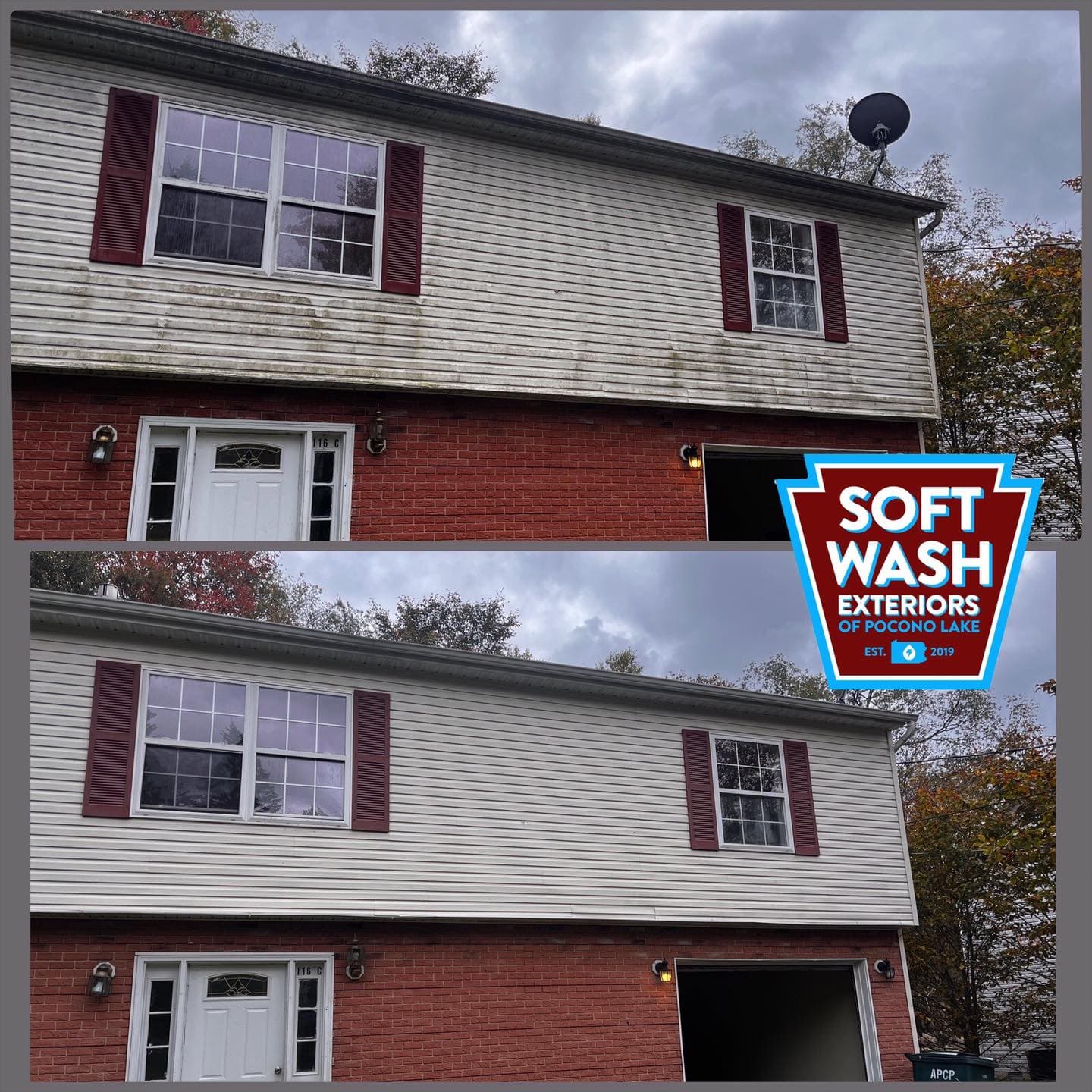 House wash before/after — full front elevation
