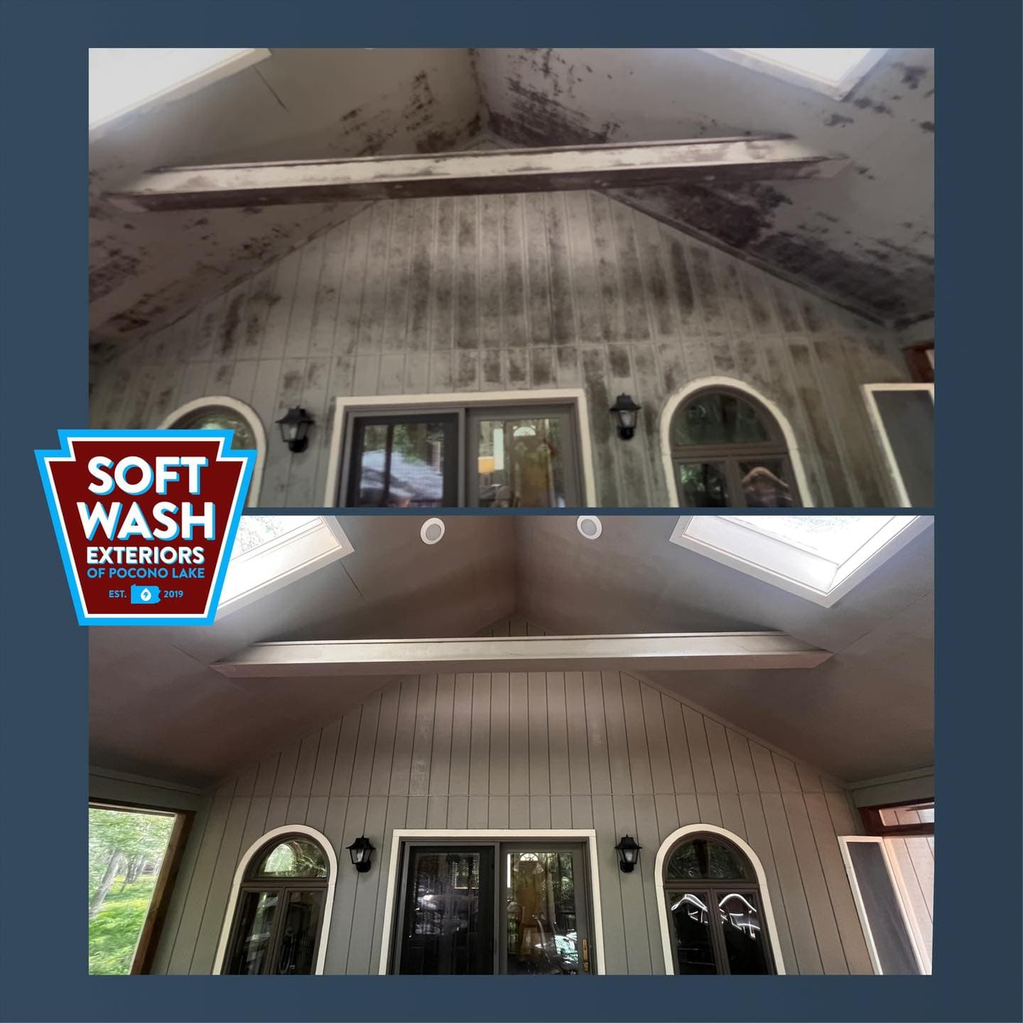 Screened porch ceiling and wall mold removal — dramatic transformation