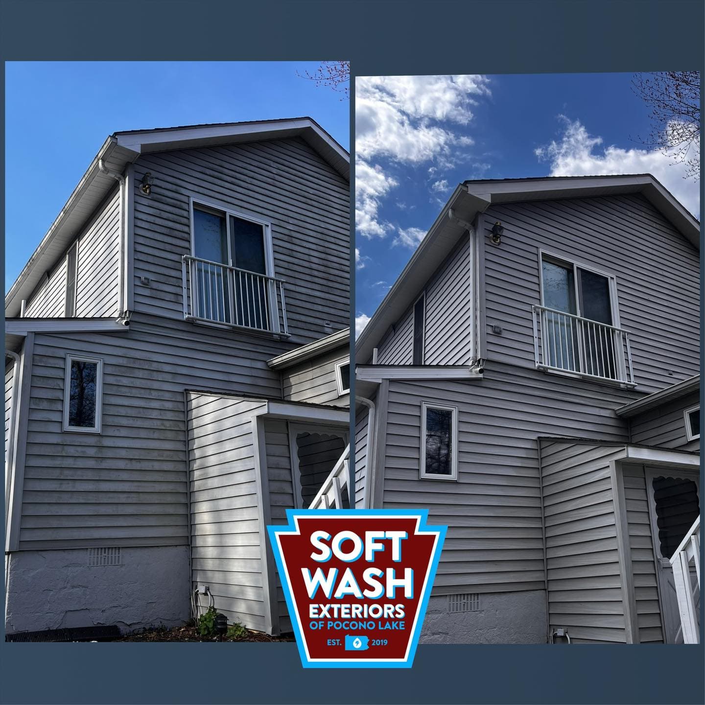 Gray vinyl upper story before/after, blue sky