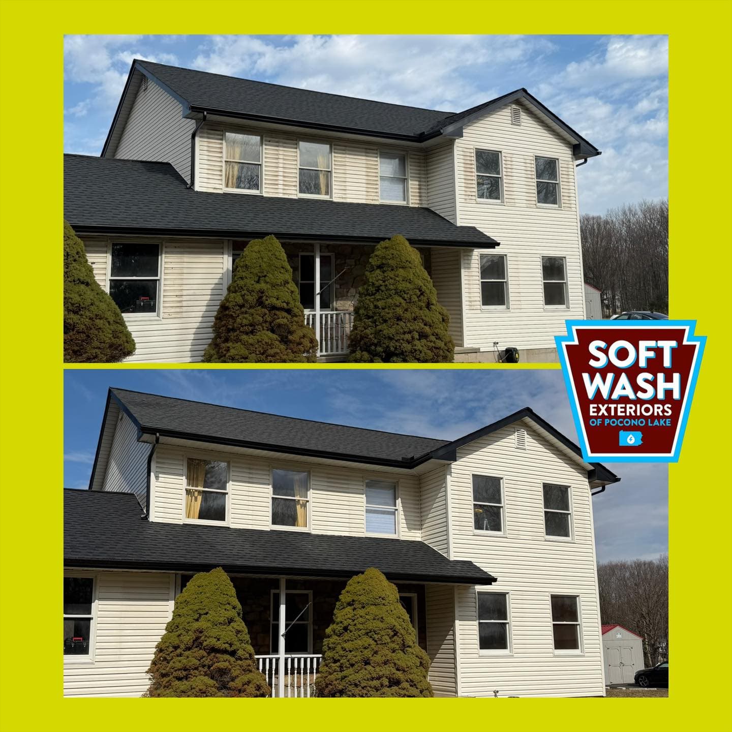 2-story vinyl house full facade before/after
