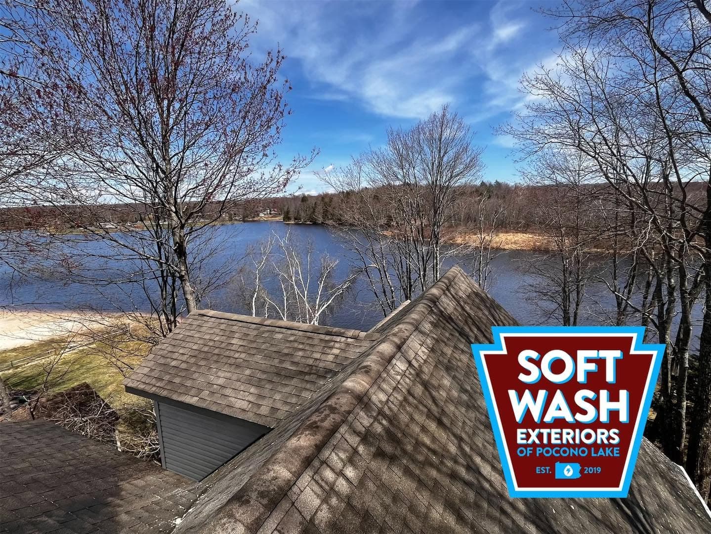 Roofline with Pocono lake view beyond